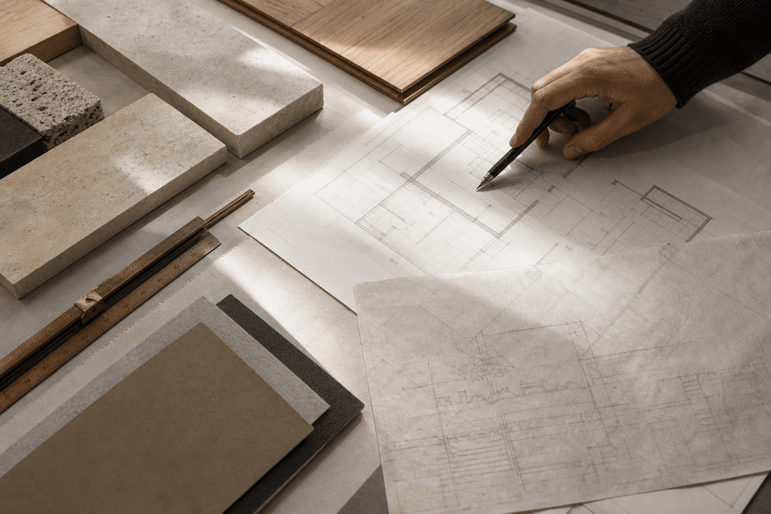 Mesa de trabalho com desenhos técnicos e amostras de materiais